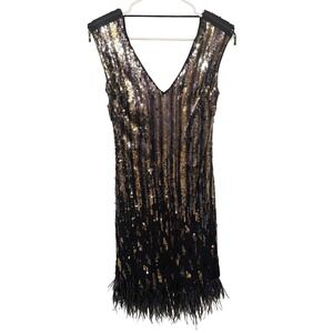 bebe black feather dress NWT Bebe isis gold beige sequin sparkle halter feather bustier top dress Xs